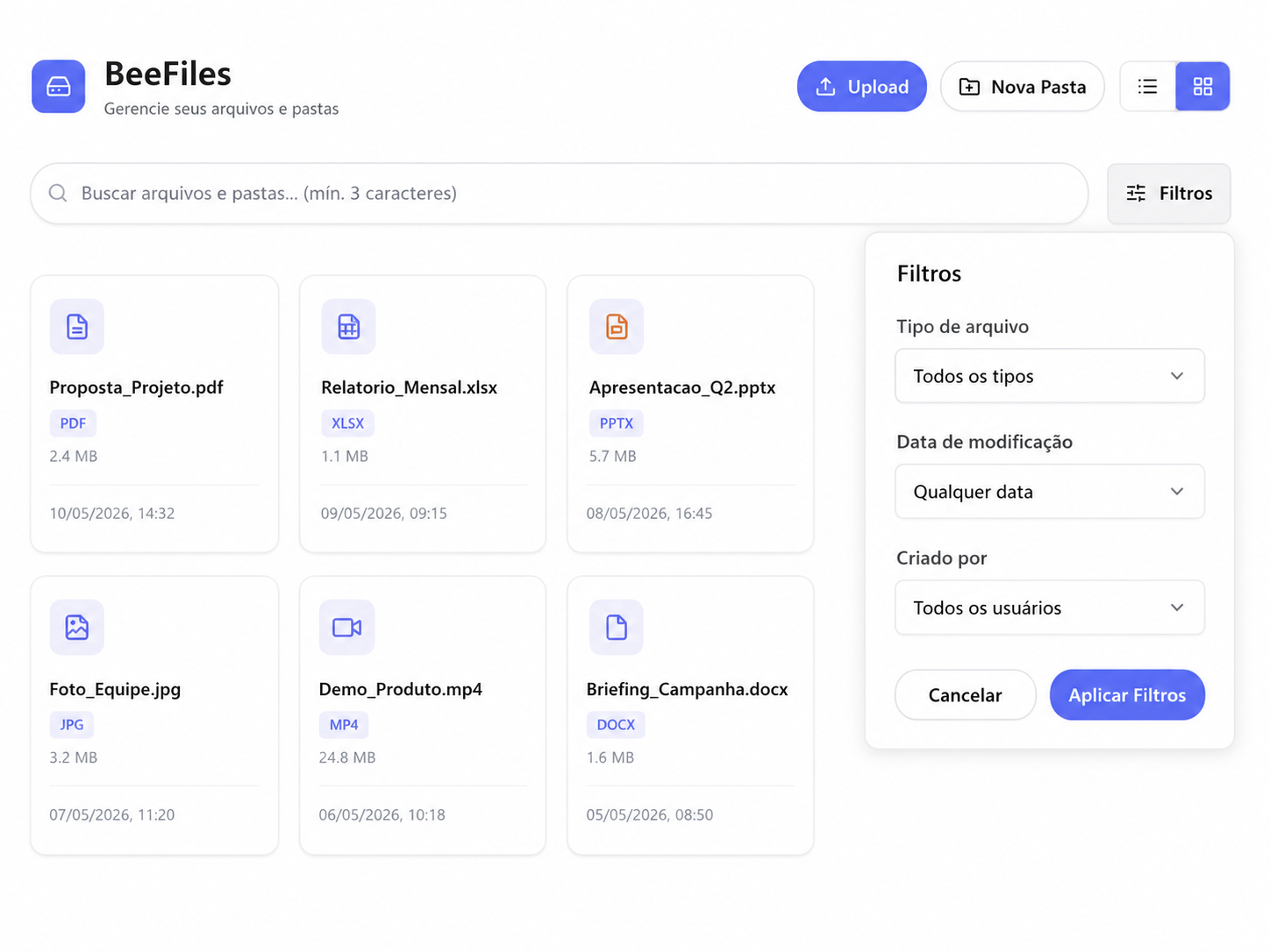 Organização de arquivos e pastas com busca e filtros