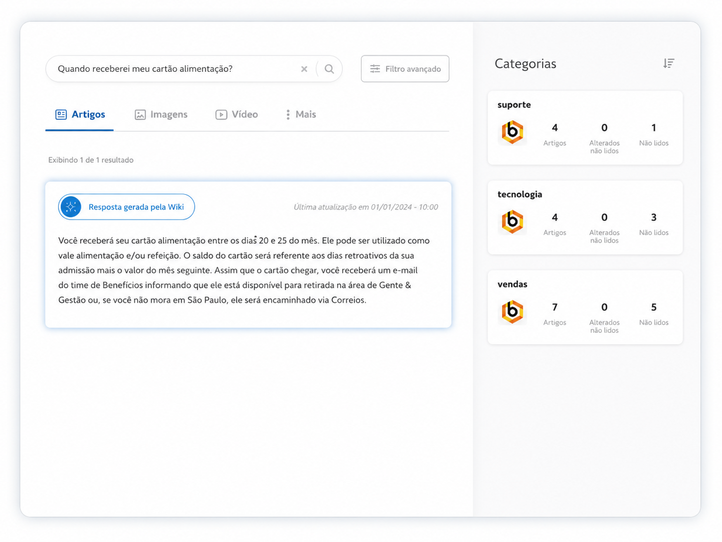 Resposta gerada por IA na base de conhecimento, com categorias